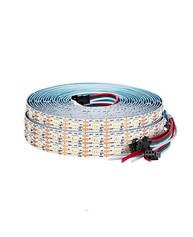 12V SK6812 RGBW individually addressable SMD LED strips, 5 meters per roll and cuttable.