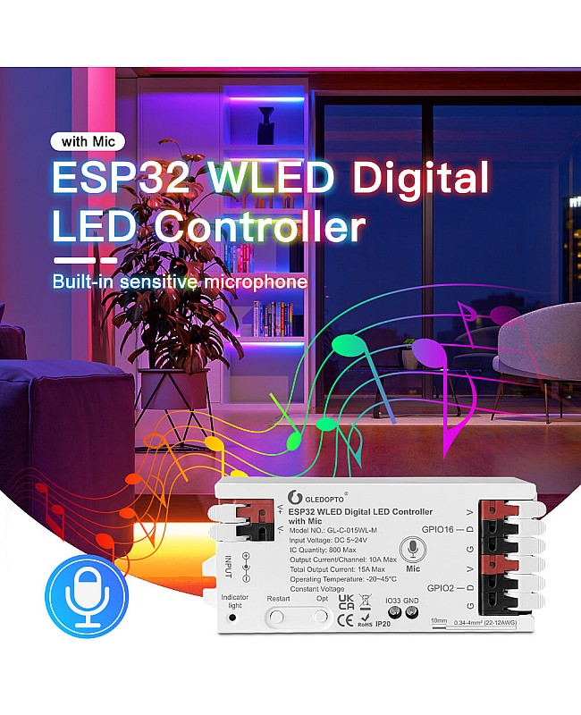 ESP32 WLED digital LED controller built in sensitive microphone