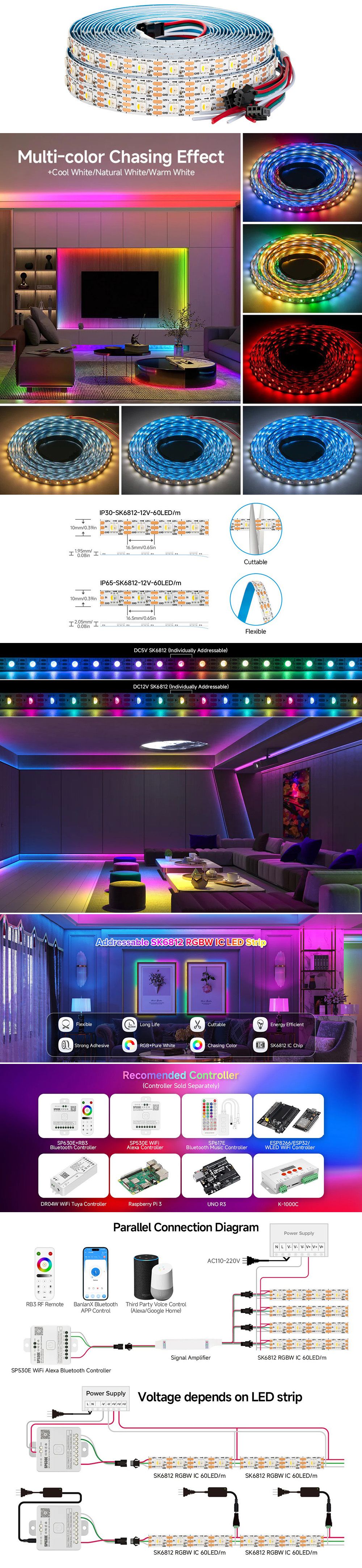 The product description of 12V SK6812 RGBW addressable LED strip lights.