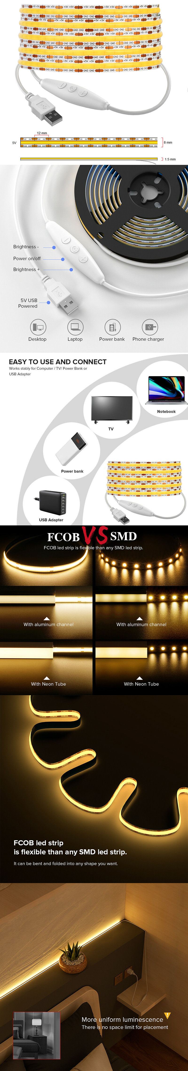 DC5V Dimmable COB LED Strip With USB Controller