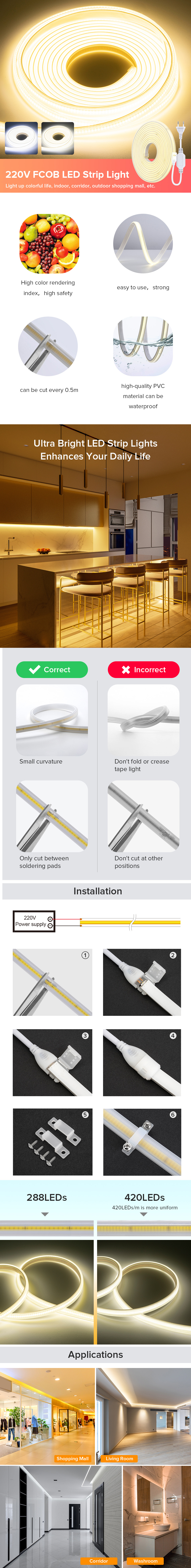 AC220V High Voltage COB LED Strip Lights