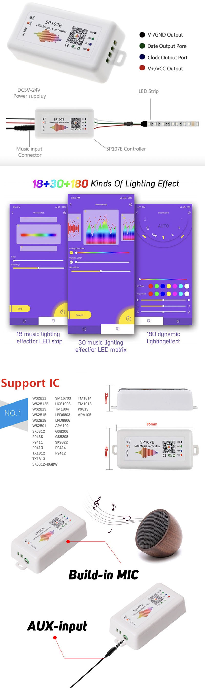The types of ICs that the SP107E supports, the types and numbers of built-in lighting effects, and how to connect the addressable LED strips.