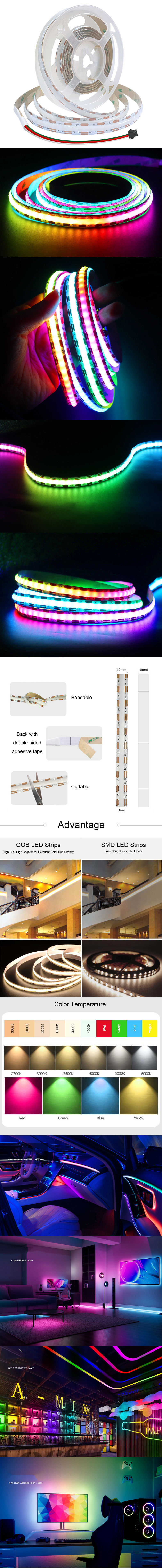 The details of battery powered seamless COB RGBIC LED strip lights