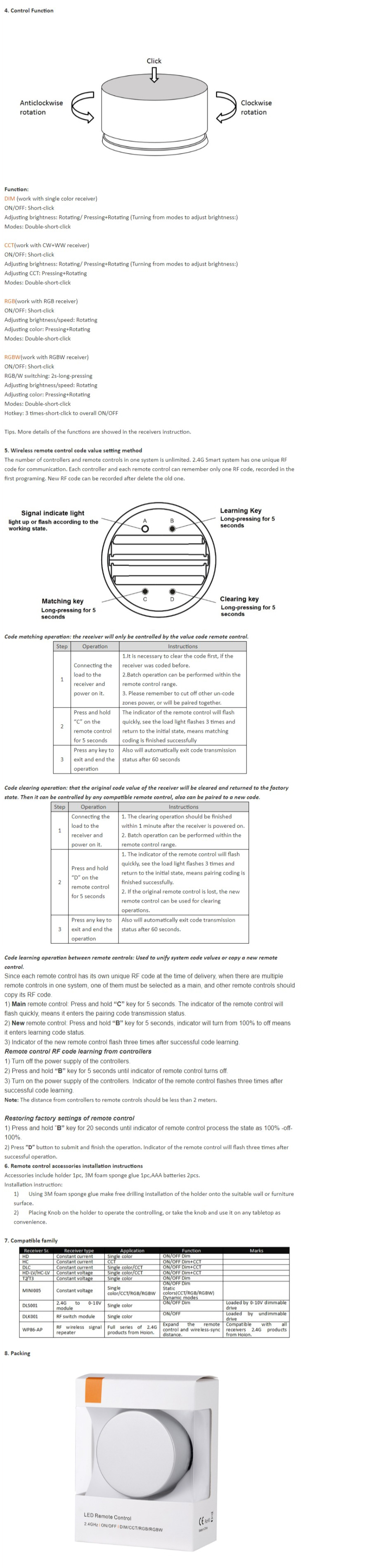 RF 2.4G Knob LED Remote Control RFBT15