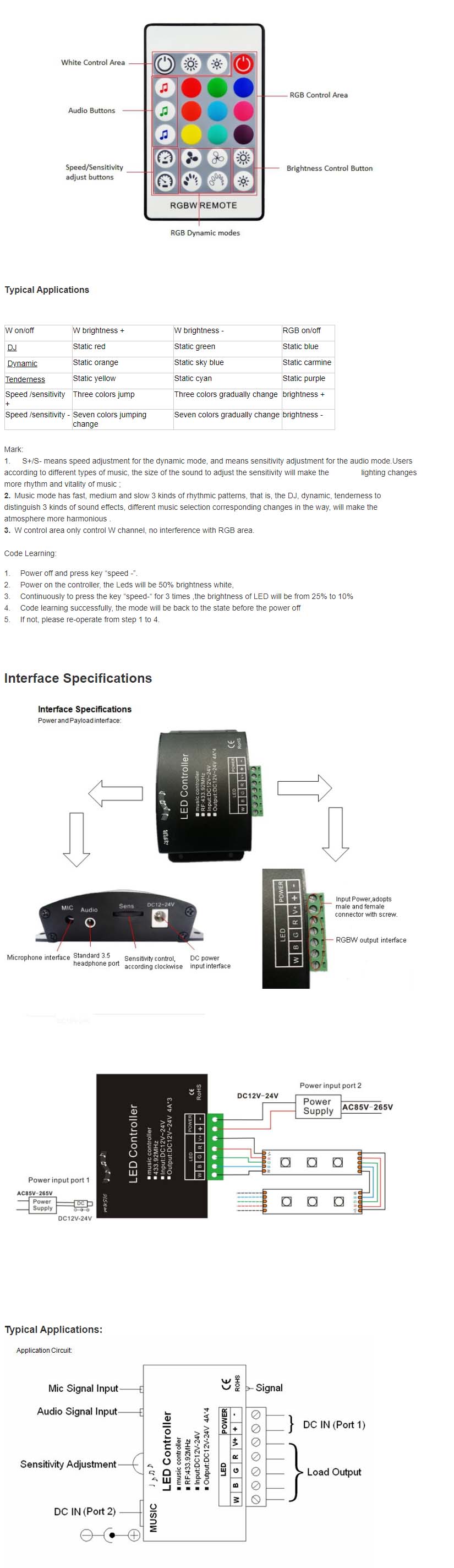 RGBW Strip Light Music Controller