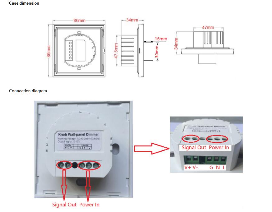 Knob Wall Panel LED Dimmer's Dimension And Connection