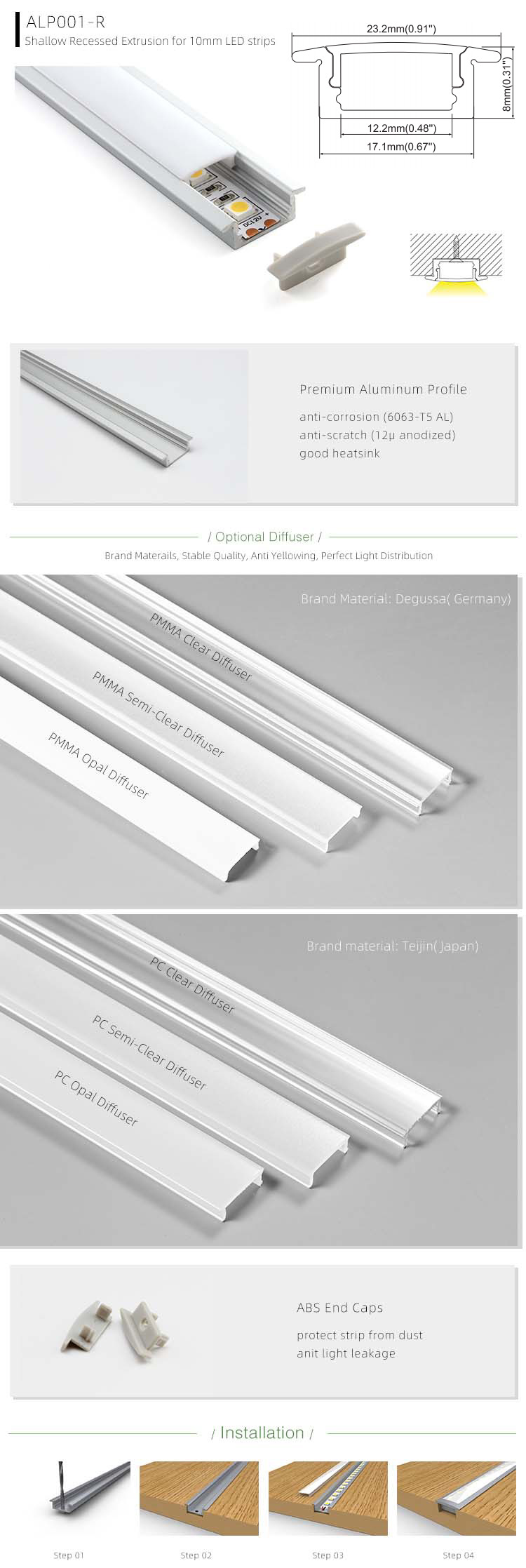 The details of T shape LED profiles for cabinets