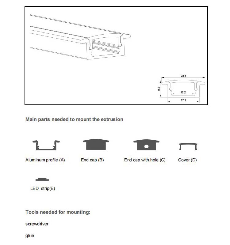 The parts of recessed LED alu profiles