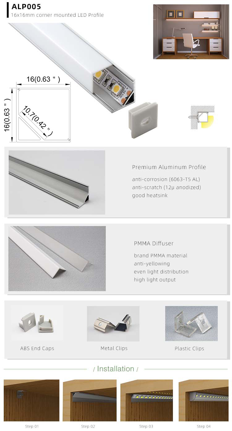 The details of corner mounted aluminum LED profile