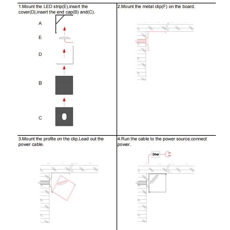 The installation steps of corned mounted square LED profiles