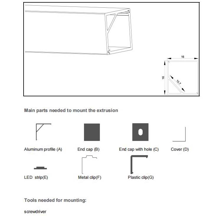 The parts of square corner alu LED profile
