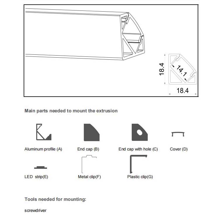 The parts of 45 degree corner LED profiles