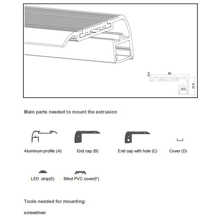 The parts of black aluminium LED channels for stairs