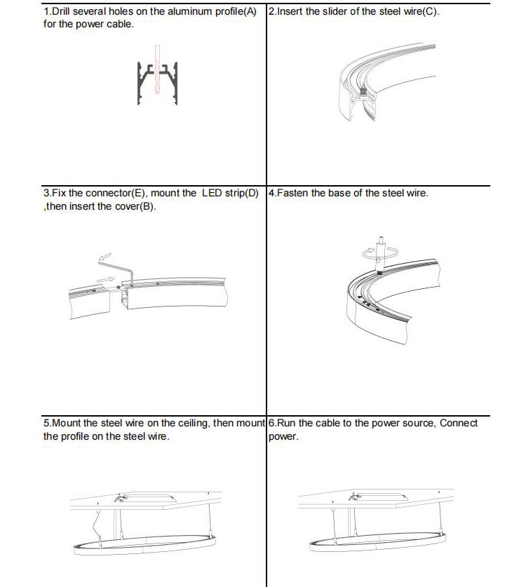 The steps of how to install the 1/4 circle LED light channels