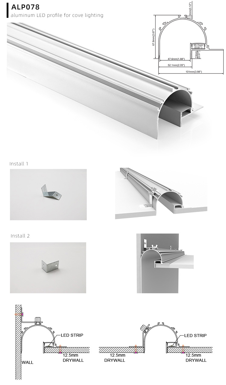 The details of aluminum recessed plasterboard LED profiles for cove lighting