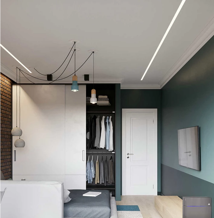 Trimless drywall LED channels install on ceiling for linear accent lighting