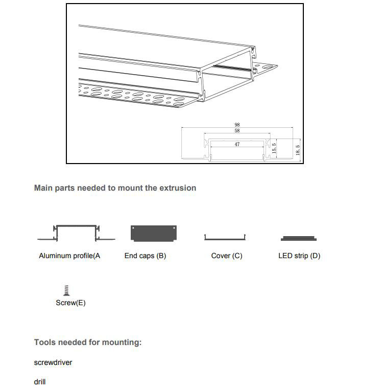 Parts of trimless plasterboard LED channels