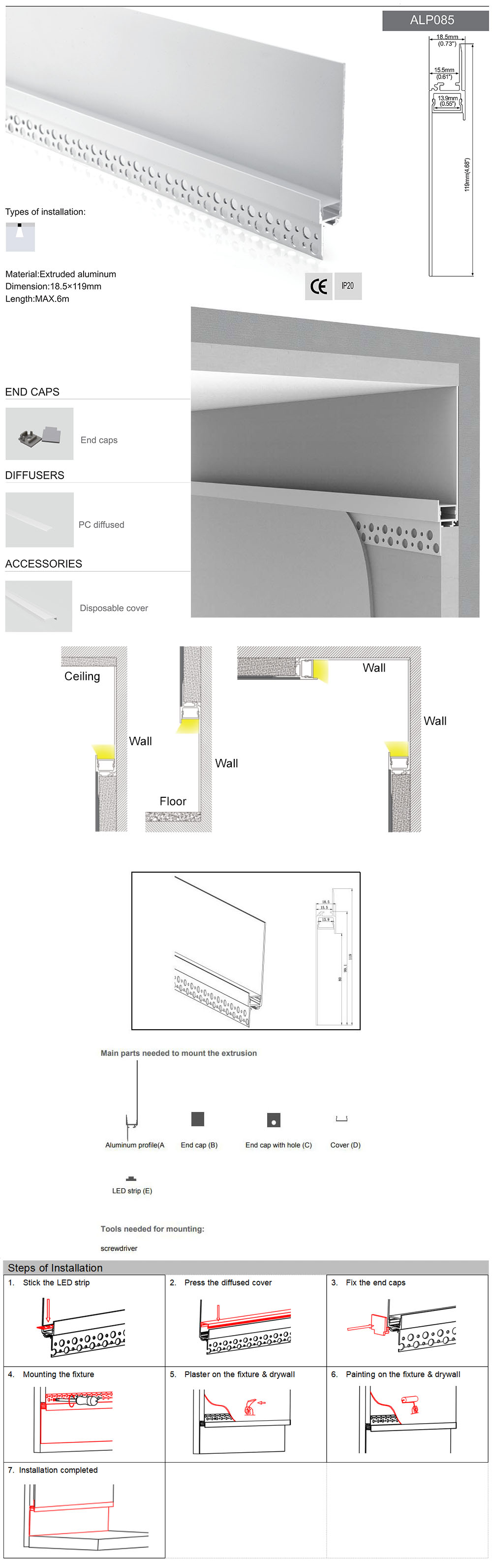 The details of trimless mud-in LED channels for indirect lighting