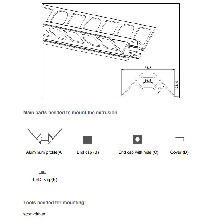 The parts of tile inside corner aluminum LED channels