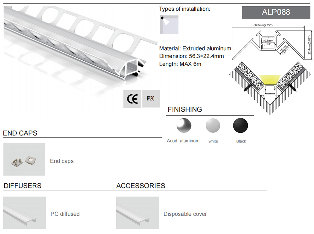 The details of inside corner tile LED Light profiles
