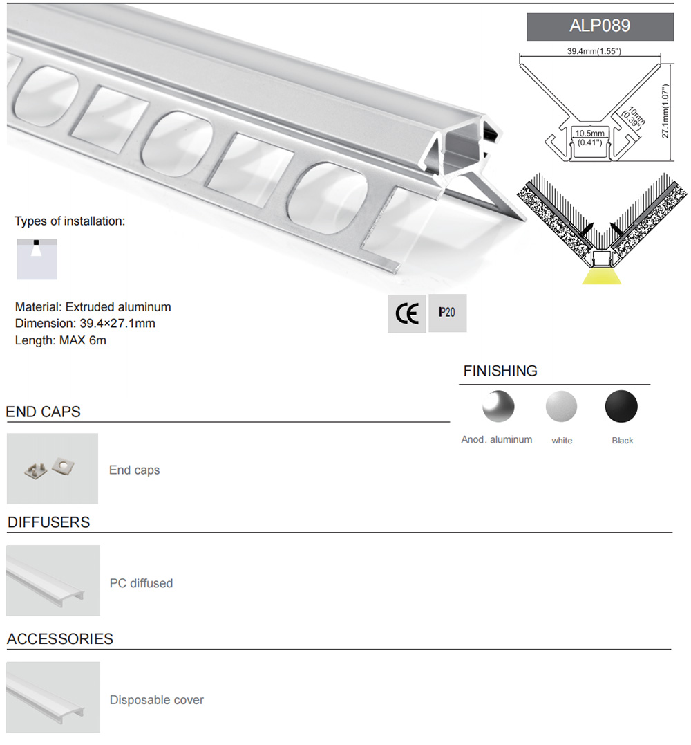 The details of tile LED aluminum profiles for outside corners