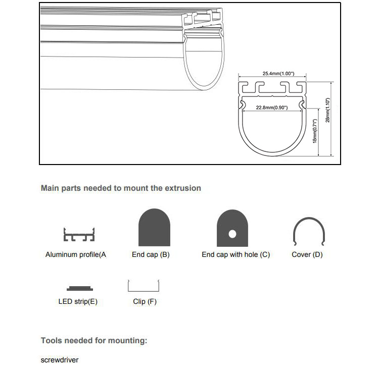 The accessories for the LED strip light profiles and tools needed