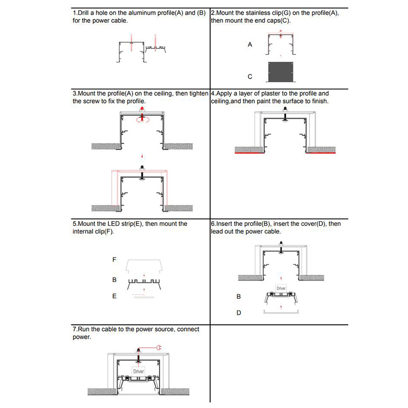 The installations of ceiling light recessed LED profiles