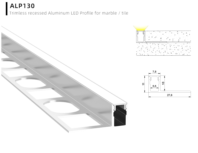 The LED tape profiles can be flush mounted with 10mm marbles and tiles