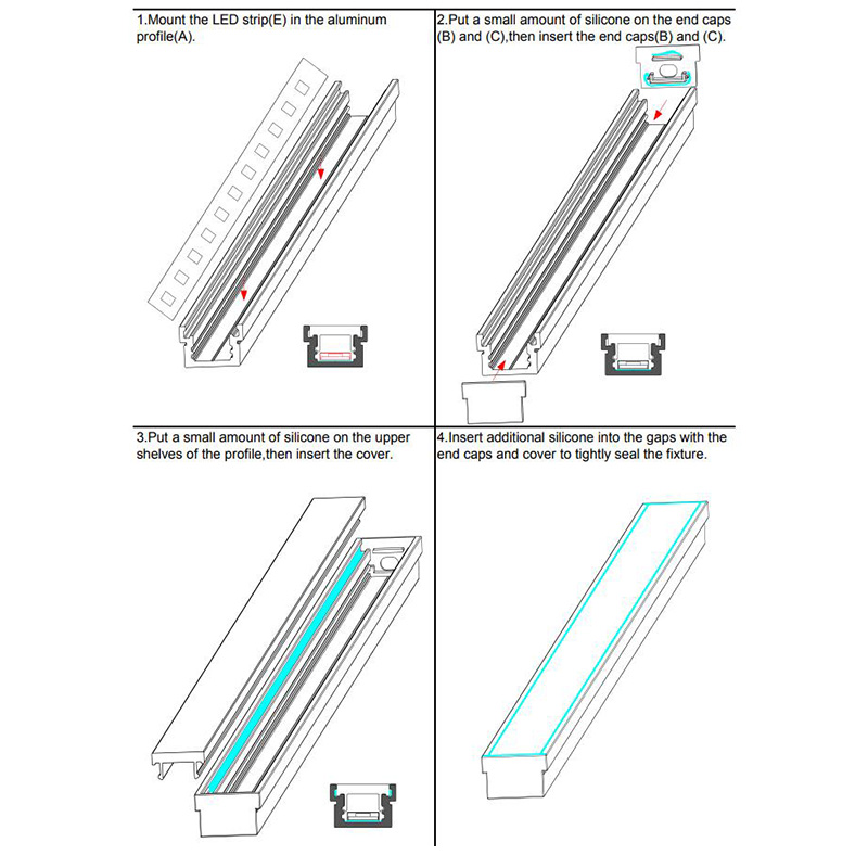 The steps of using silicone glue to seal the floor trimless LED Profiles For waterproof