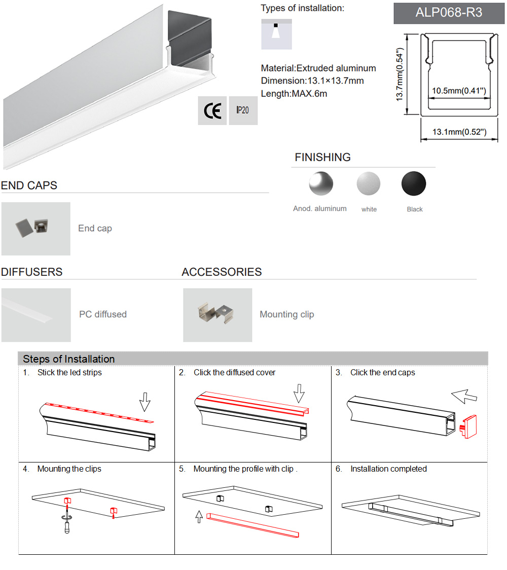 The details of mini showcase lighting aluminum LED strip channels