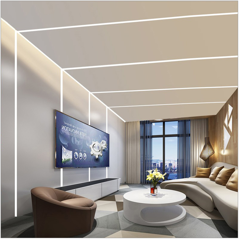 The drywall LED light channels and diffusers are installed into walls and ceilings for LED linear lighting