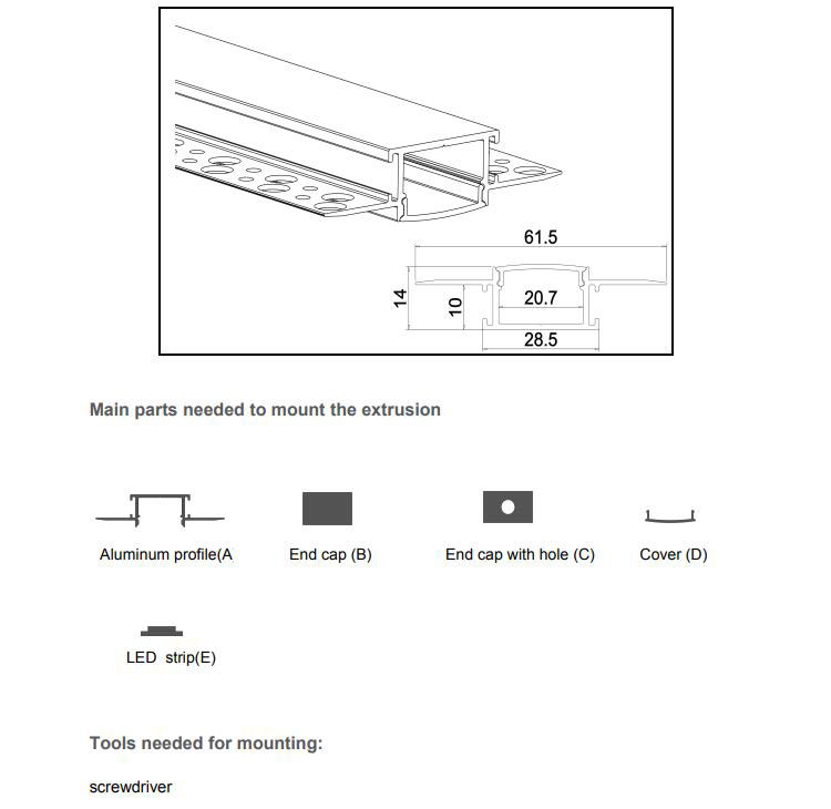 The parts of LED tape lighting channel for drywall