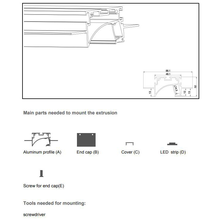 The parts of drywall recessed LED profile for wall washer
