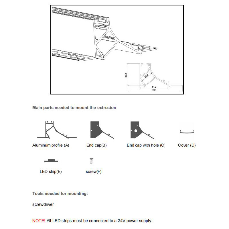 The parts of wall washing drywall LED profiles