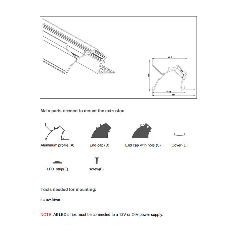 The parts of wall washing plasterboard LED channels