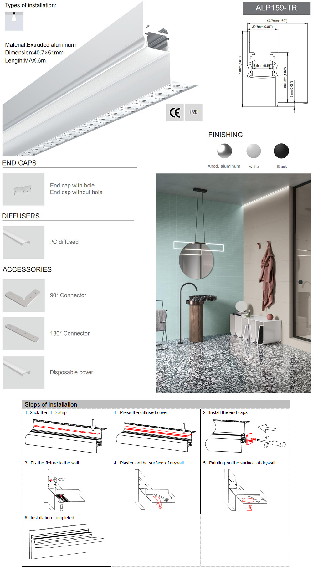 The product details of the plaster-in shadow line LED channels.