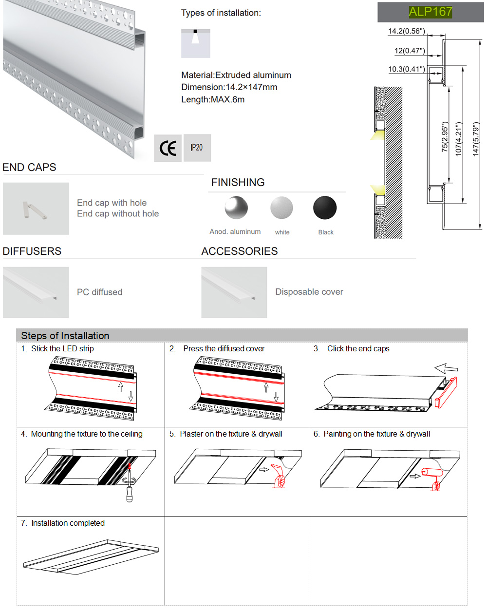 The details of accent lighitng aluminum LED channels with diffusers