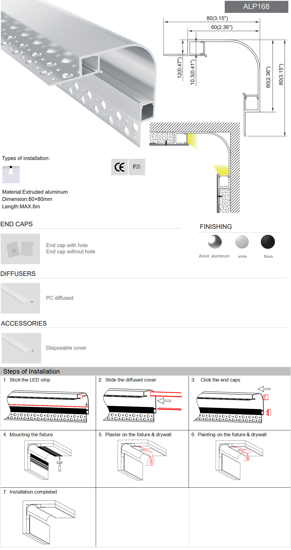 The details of ceiling-wall corner recessed LED strip channels