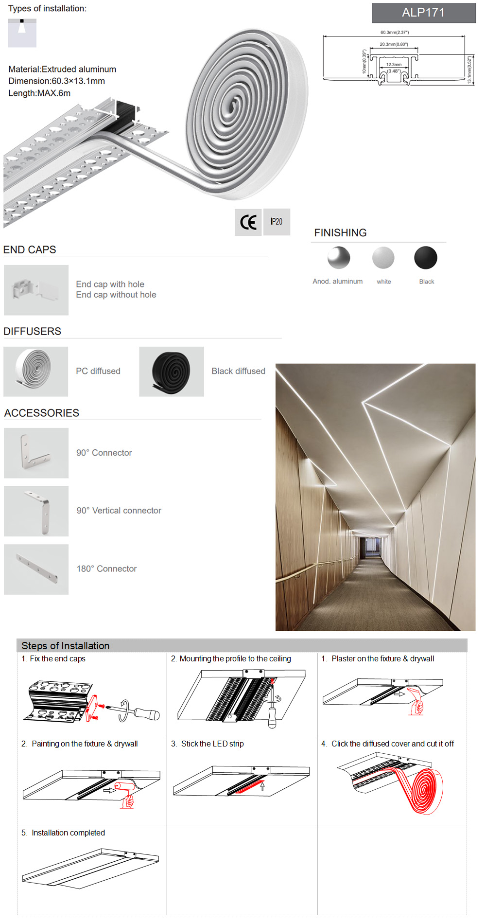 The details of LED strip light tracks come with 20 meters long diffusers for linear lighting