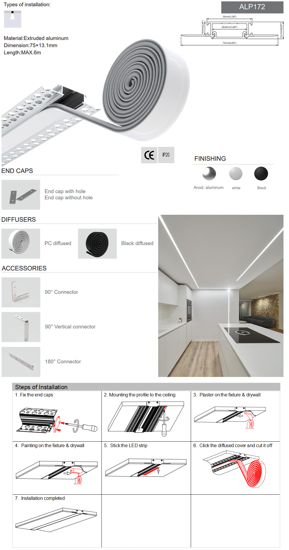 The details of trimless drywall Light profiles for continuous linear lighting