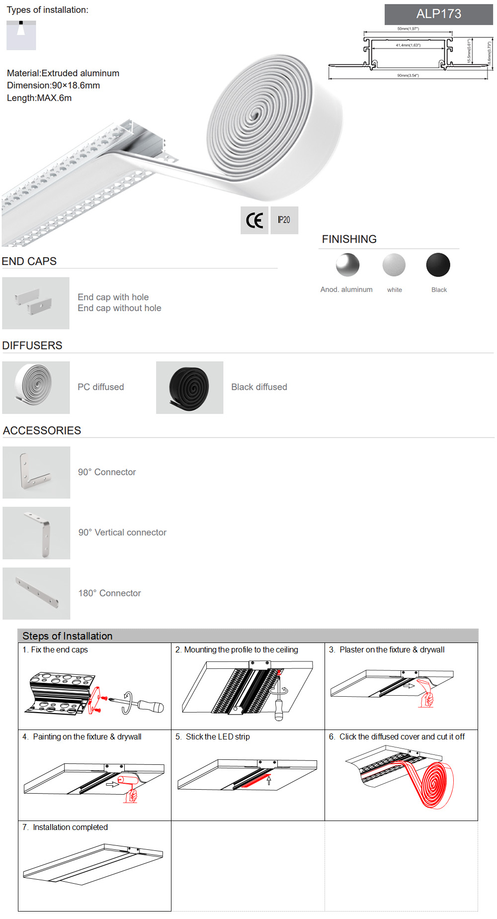The details of LED strip light channel and 20m long diffuser