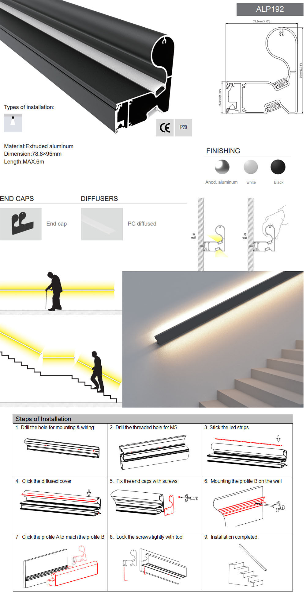 The specifications of ALP192 handrail lighting LED channels and how to install them.