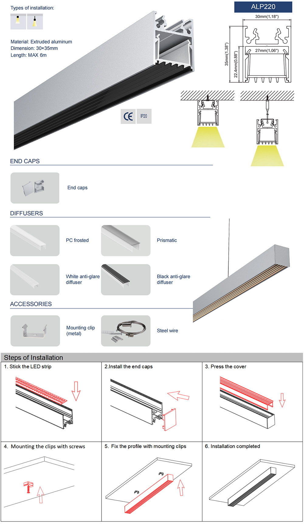 The details of ceiling LED strip aluminum channels with anti-glare diffusers
