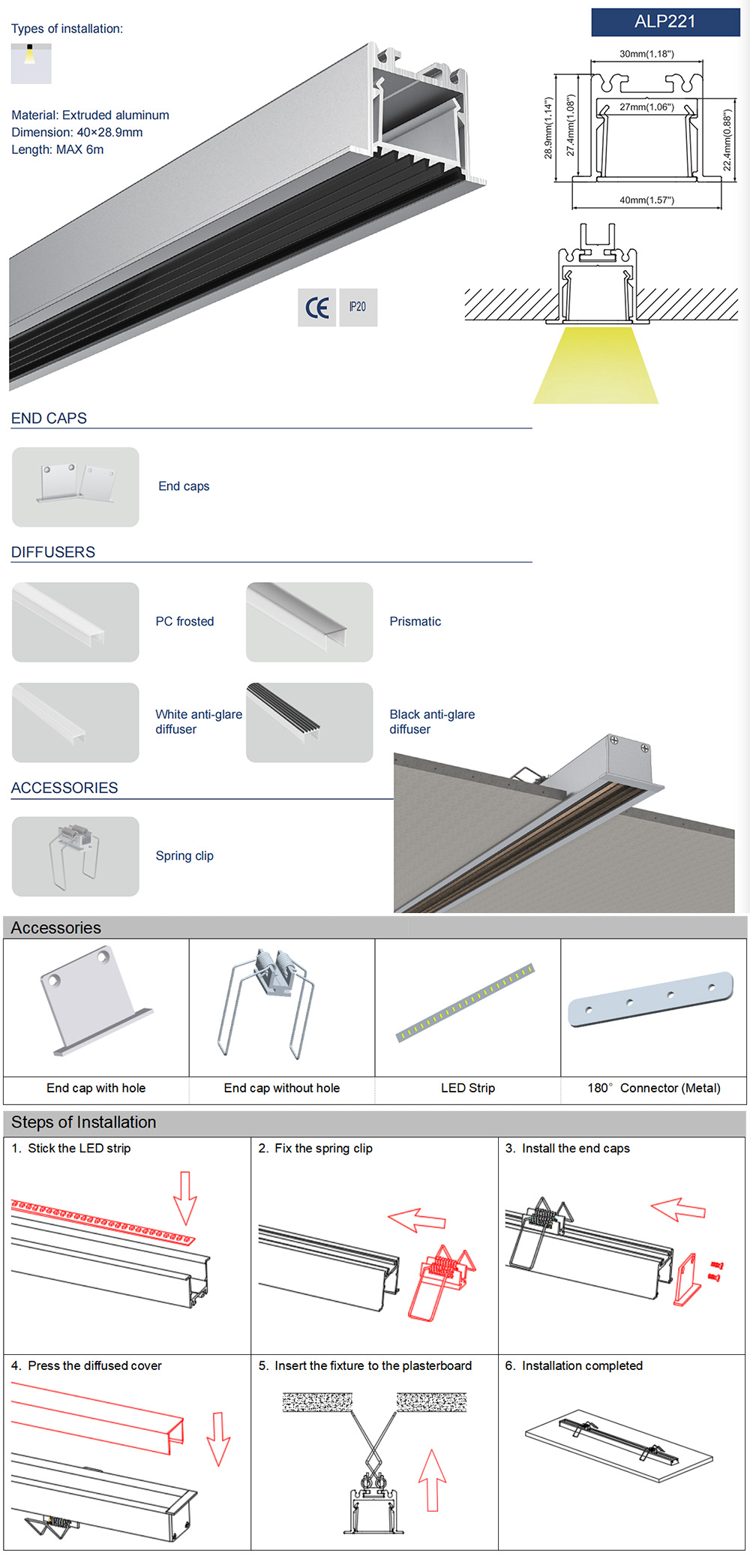 Details of aluminum LED channels with anti-glare diffusers
