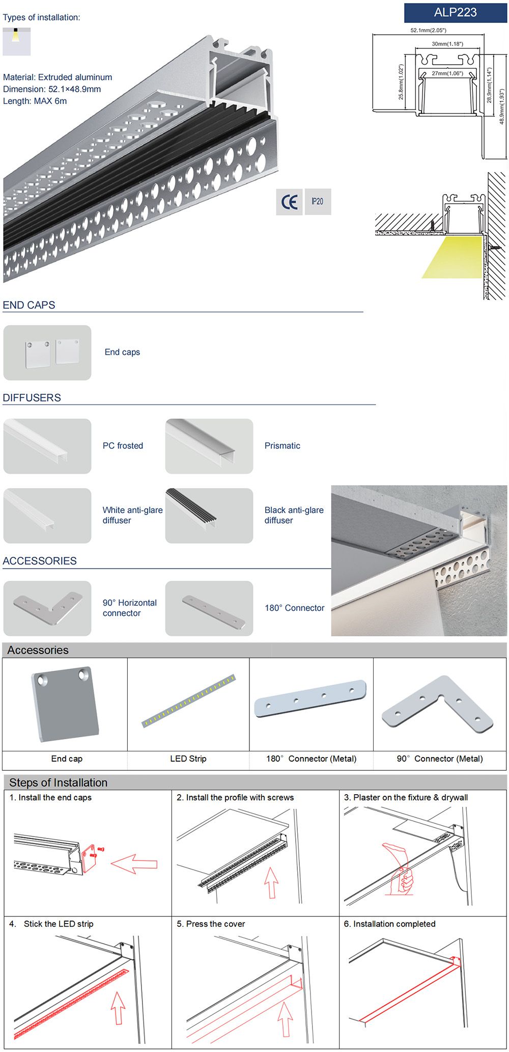 Details of plaster-in ceiling lighting LED channels