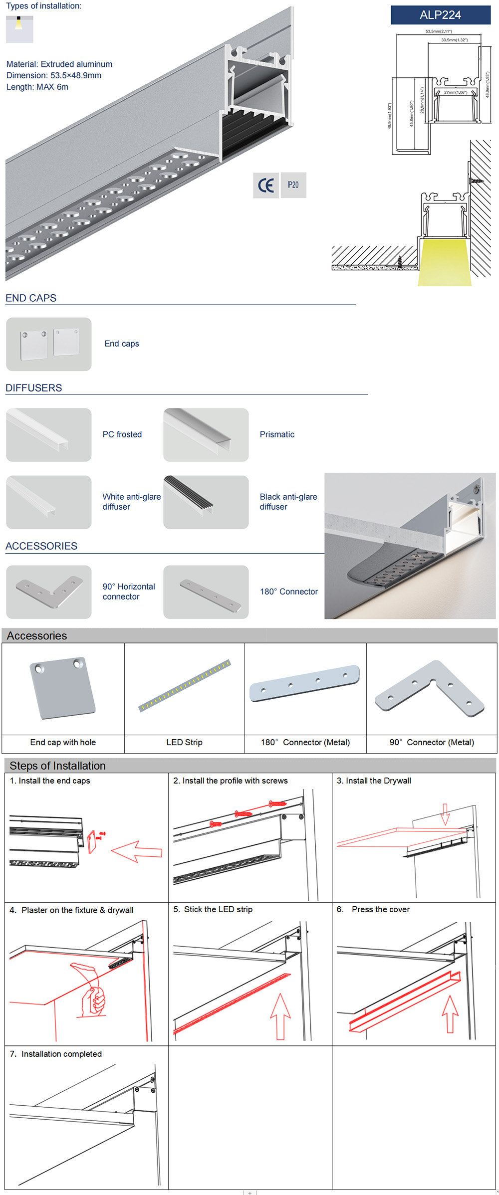 The details of ceiling to wall plaster-in LED profiles