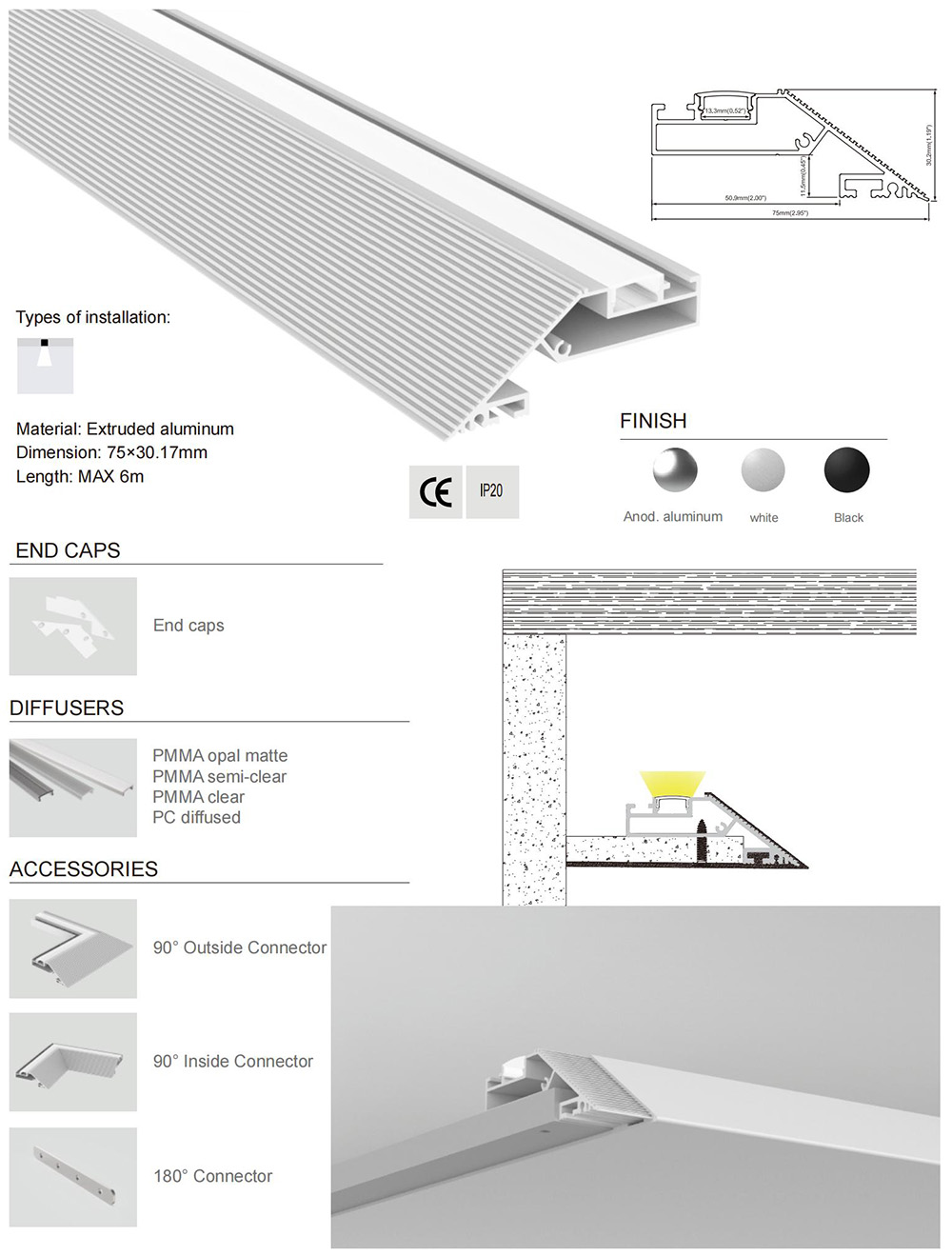 The details of knife edge aluminum LED strip channels for valance lighting