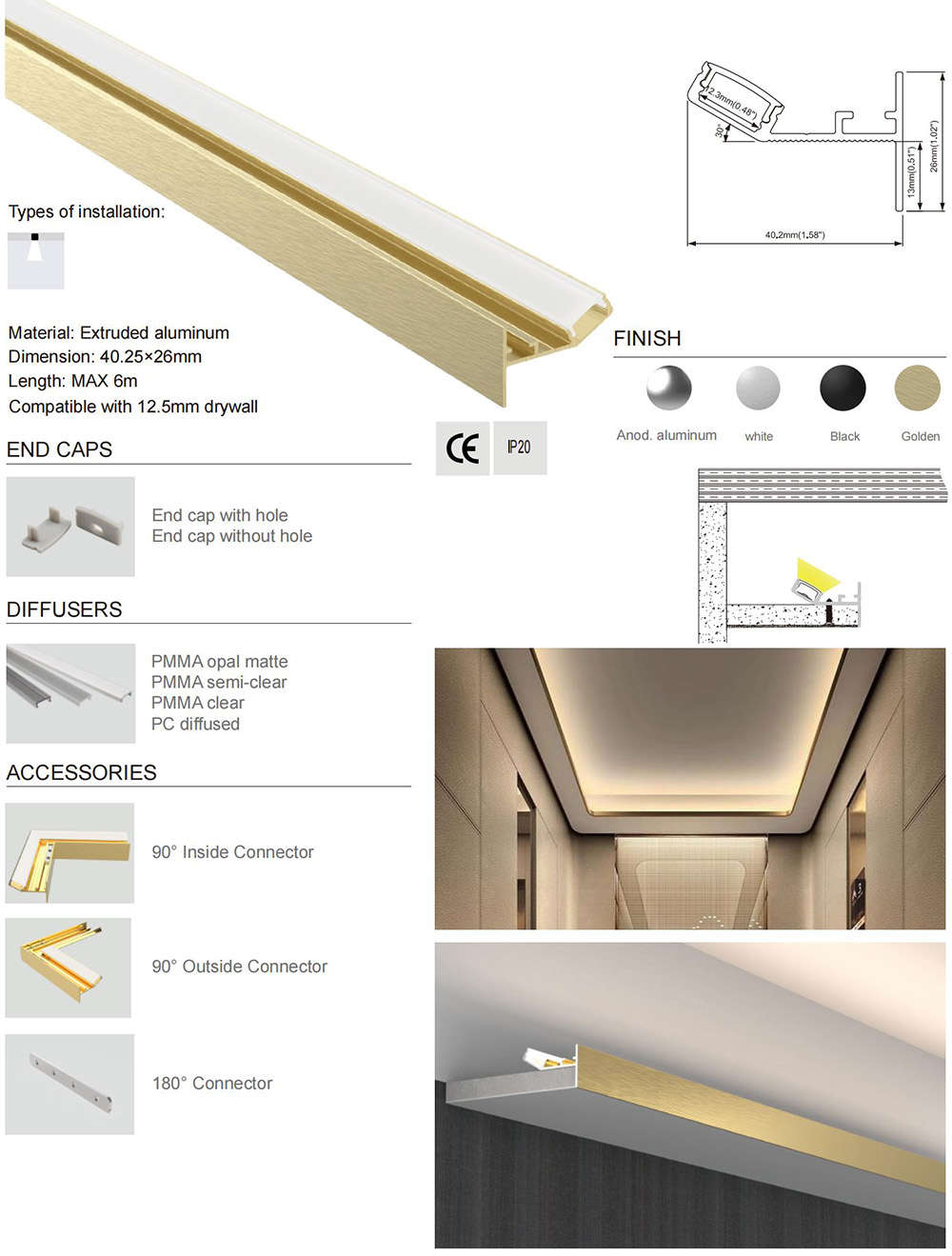 The product details of the ALP205 cove lighting channels and lighting effects. You will know how and where to install them and the accessories available.