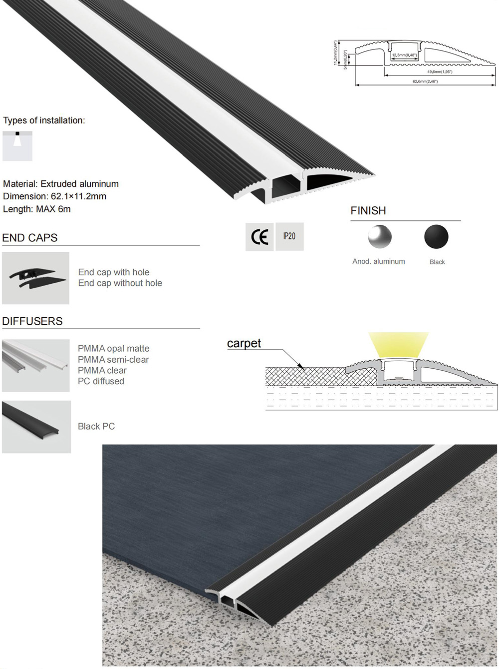 The details of carpet edge LED light aluminum profiles