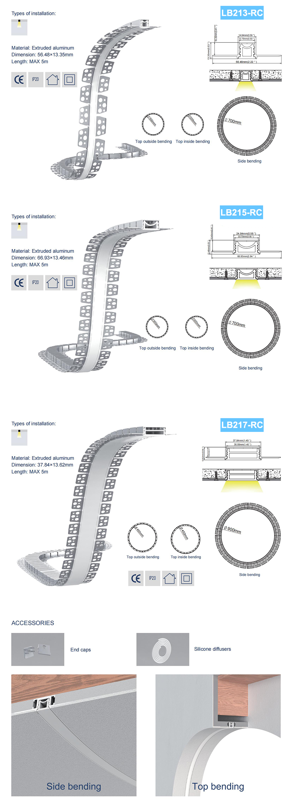 The details of three types of flexible drywall LED strip channels